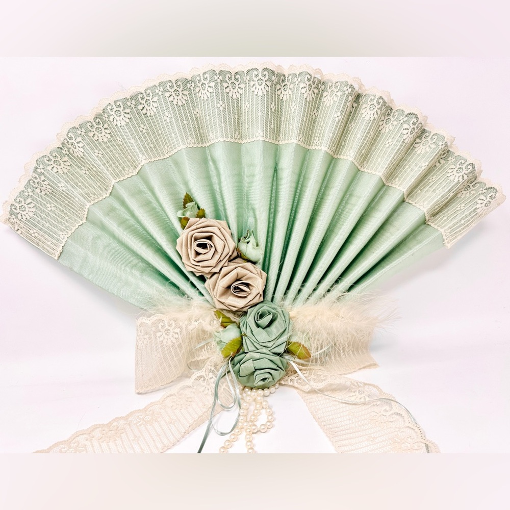 Vintage Decorative Wall Fan in MCM Mint, fabric flowers, lace & pearls retro art